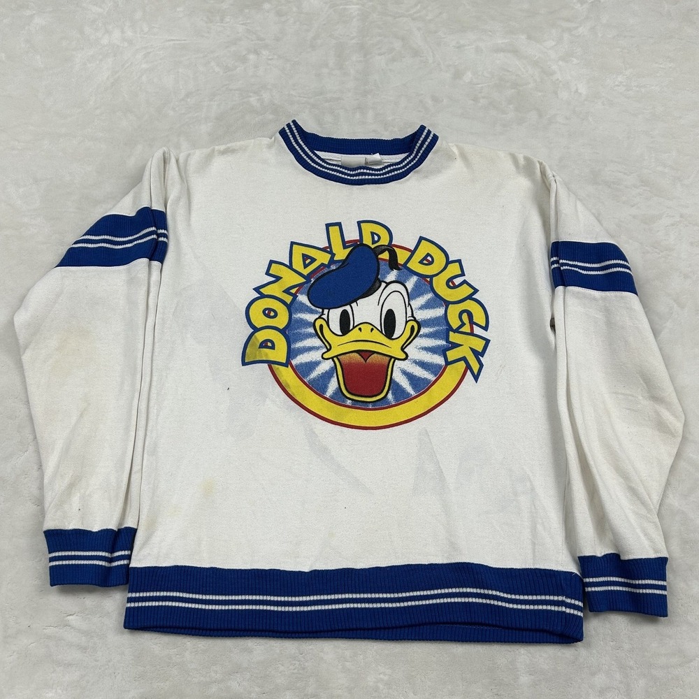 80s Disney Donald Duck Sweatshirt mens M White Blue Striped Ribbed Vintage Style